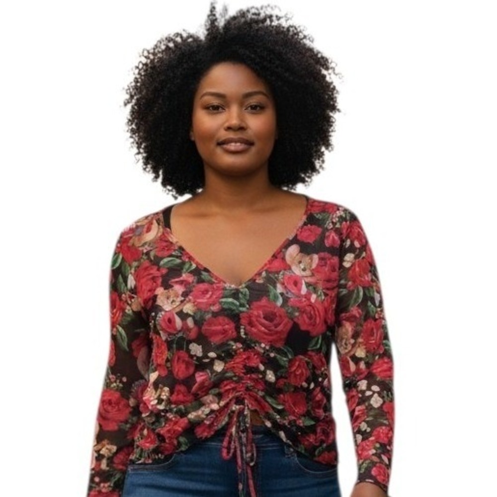 Whimsical Fairygrunge Womens size 4X Tom & Jerry Sheer Mesh Floral Ruched‎ Top